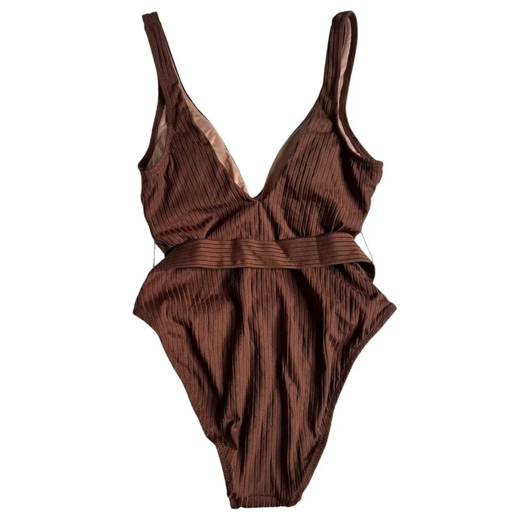 J.Crew NEW Wide Rib Belted One Piece Swimsuit Brown US 8 V Neck Beach Resortwear